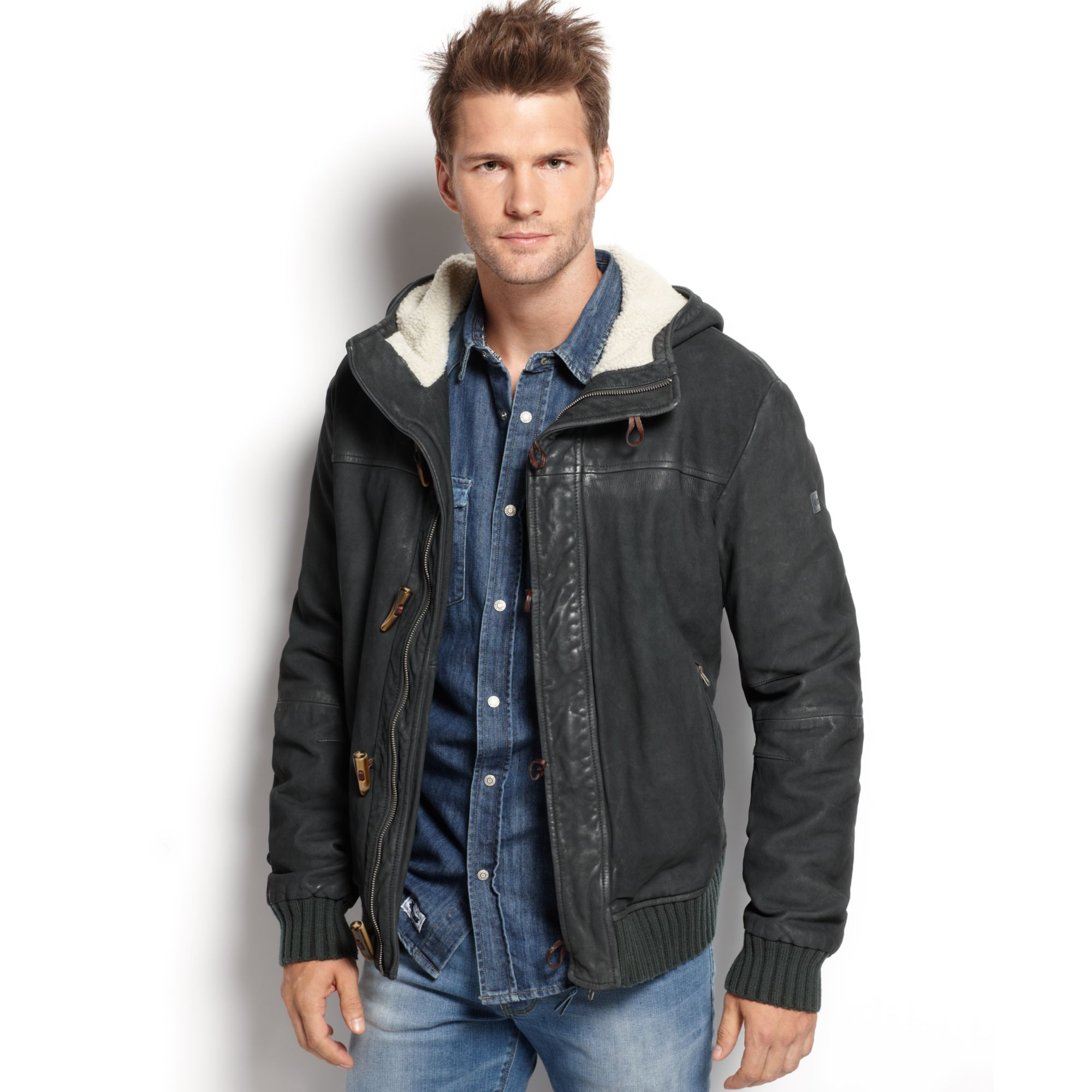 Armani Jeans Sherpa-lined Suede Jacket in Black for Men | Lyst