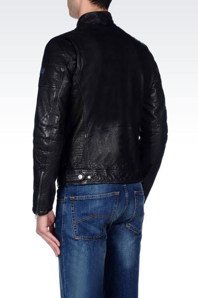 Armani Jeans Leather Jacket with Mandarin Collar in Black for Men | Lyst