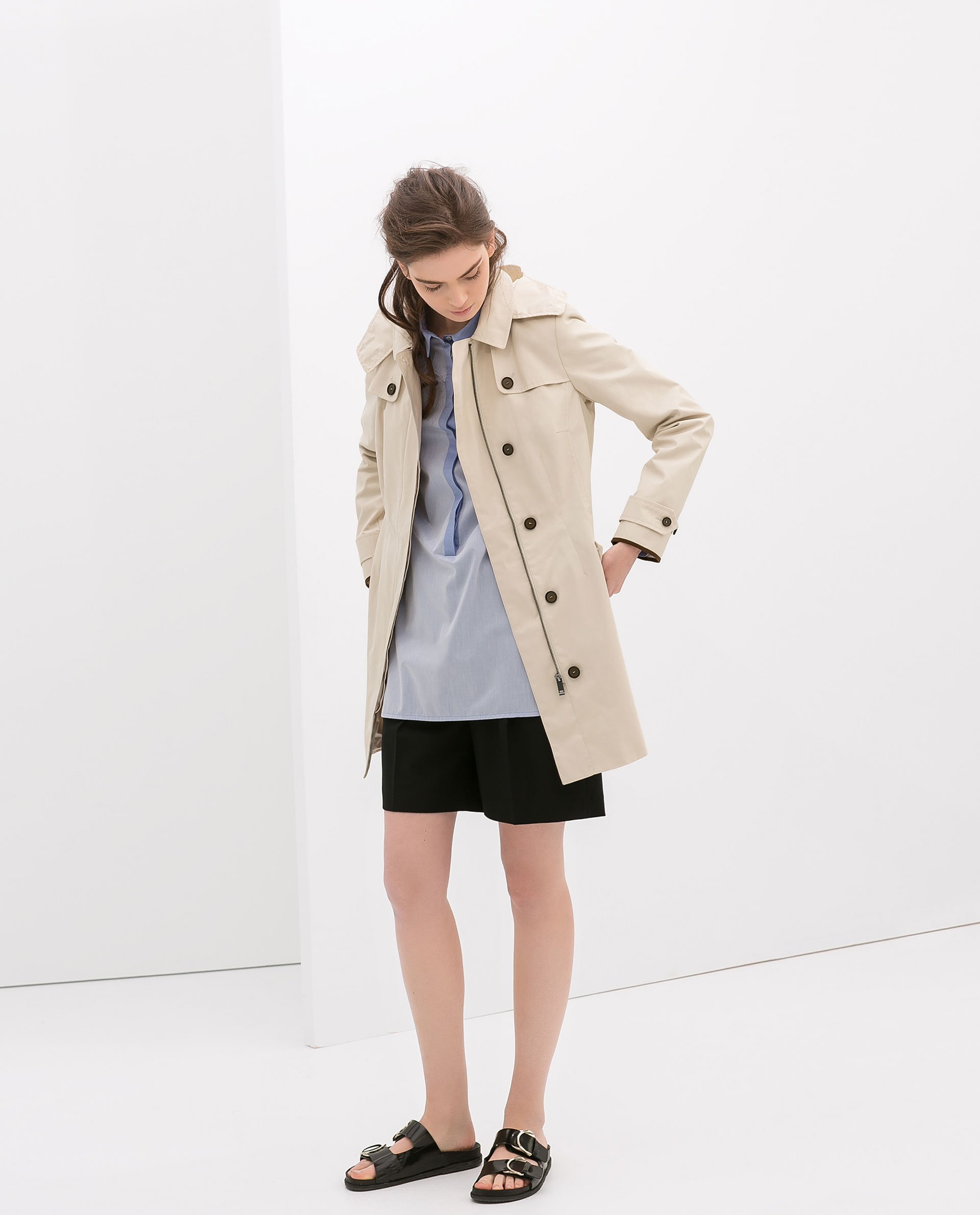 Zara Short Hooded Trench Coat in Natural | Lyst