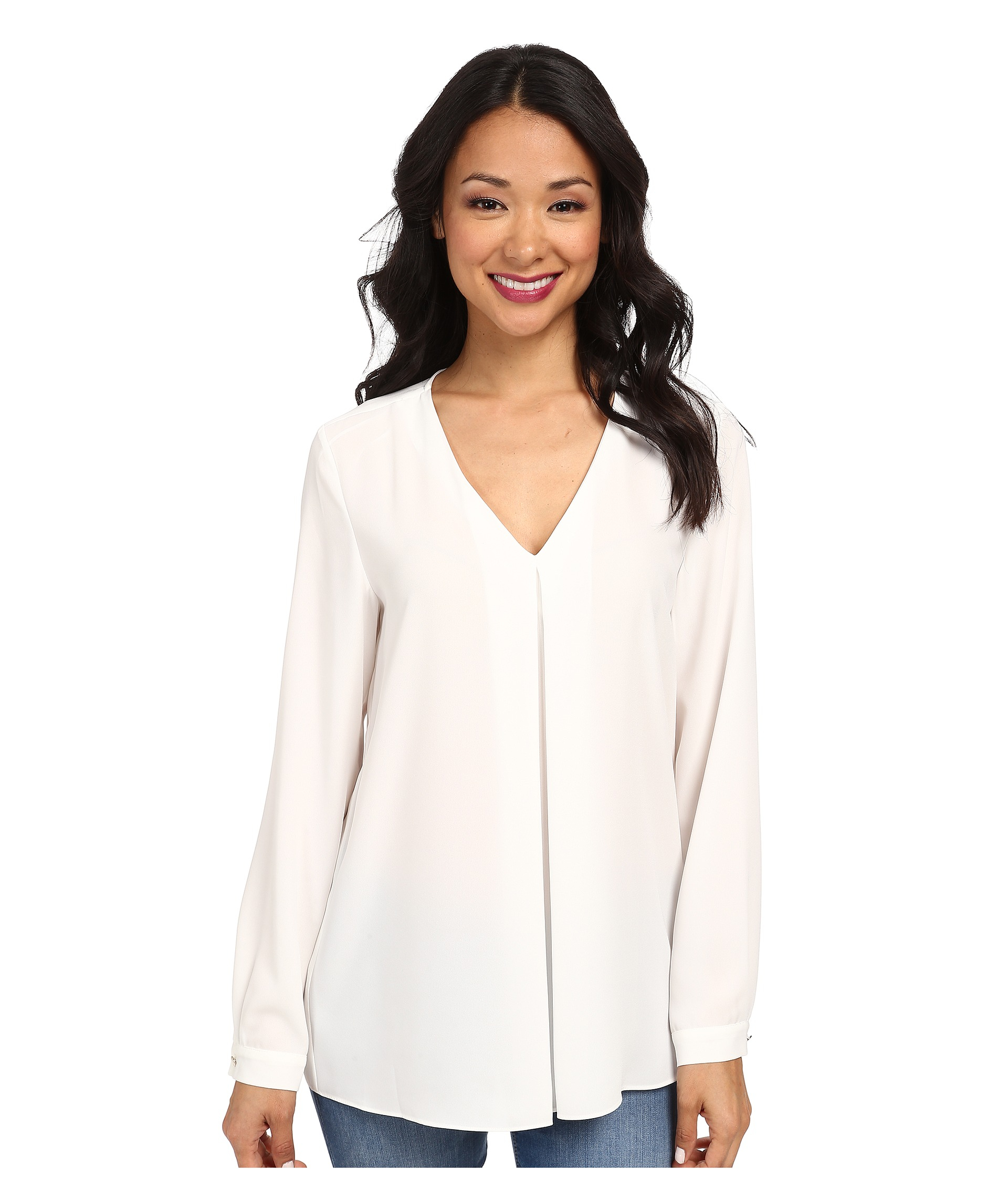 Vince camuto Long Sleeve V-Neck Blouse W/ Inverted Front Pleat in White ...