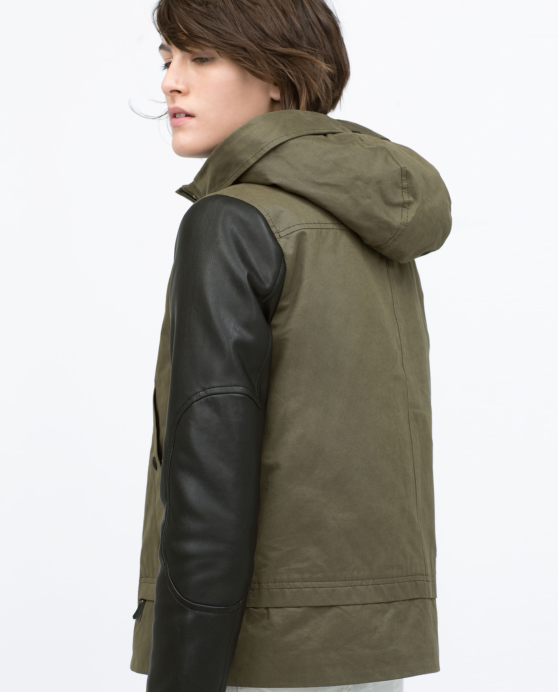 Zara Hooded Parka With Leather Effect Sleeve In Natural Lyst Gallery