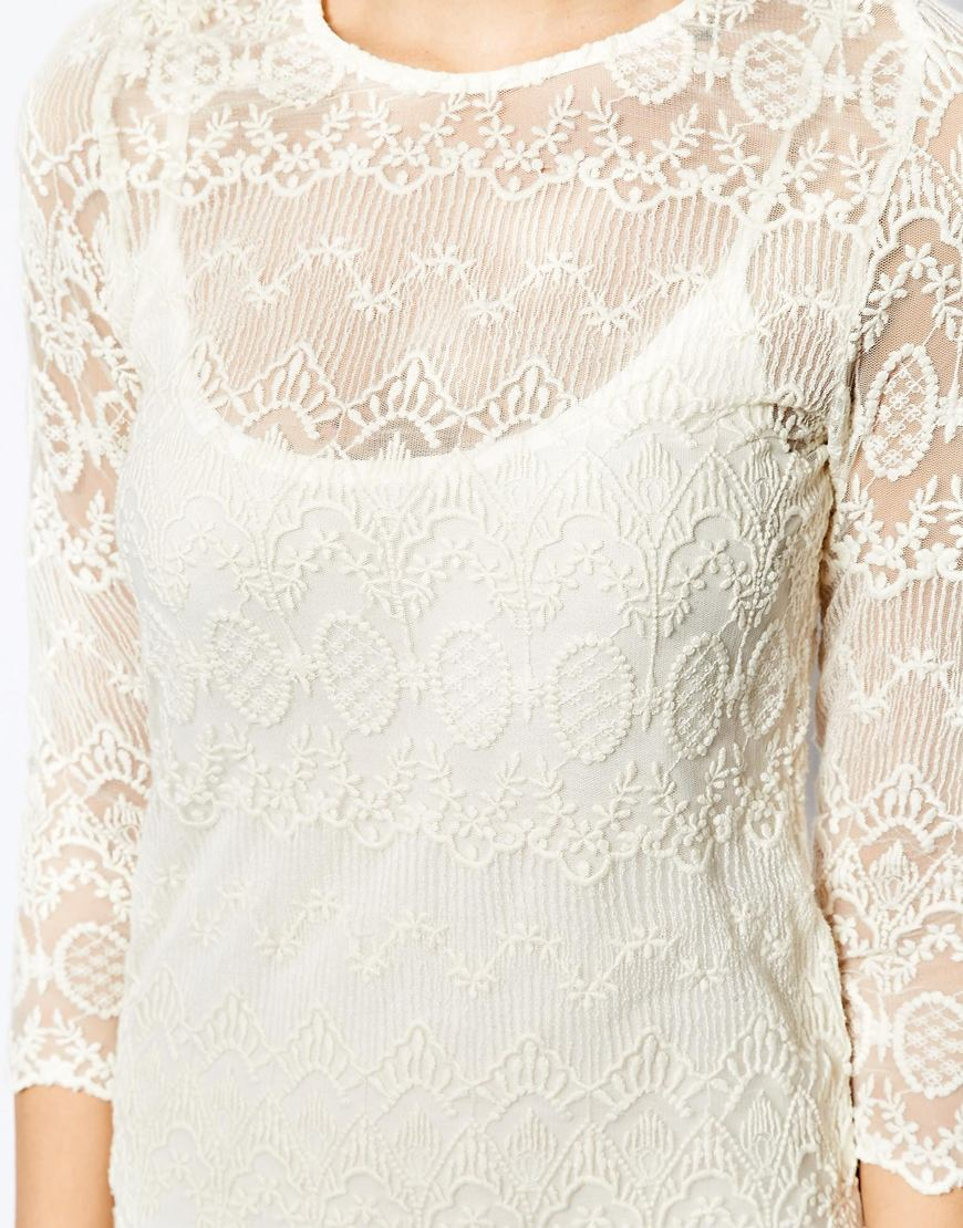 Lyst - Mango Lace Long Sleeve Shift Dress in White