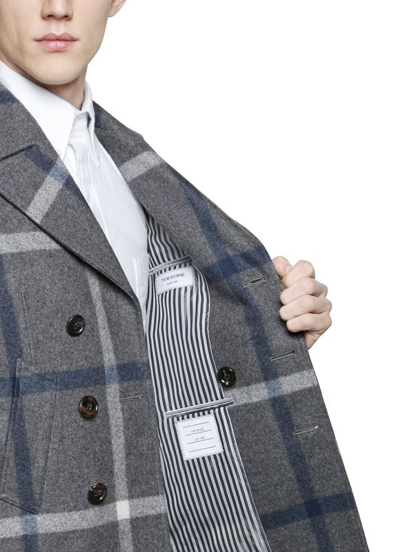 Lyst - Thom Browne Check Wool Flannel Peacoat in Gray for Men