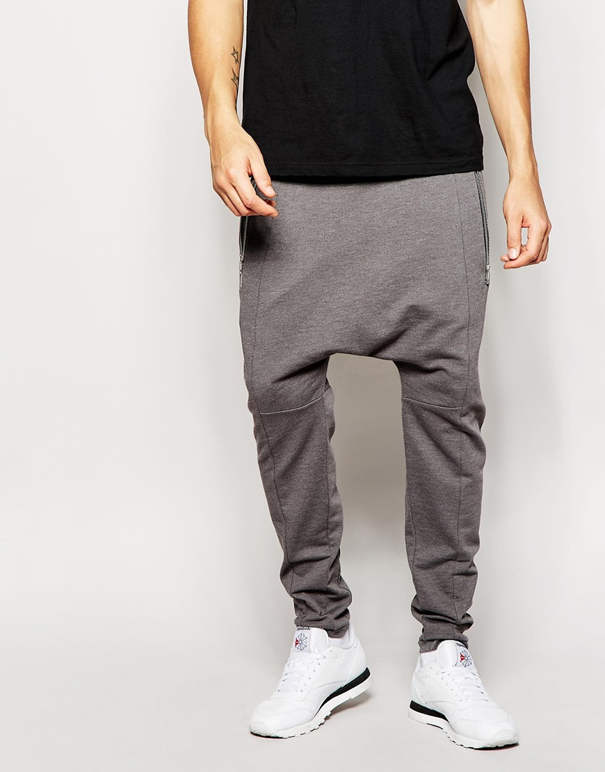 Lyst - Asos Drop Crotch Joggers With Zip Detail in Gray for Men