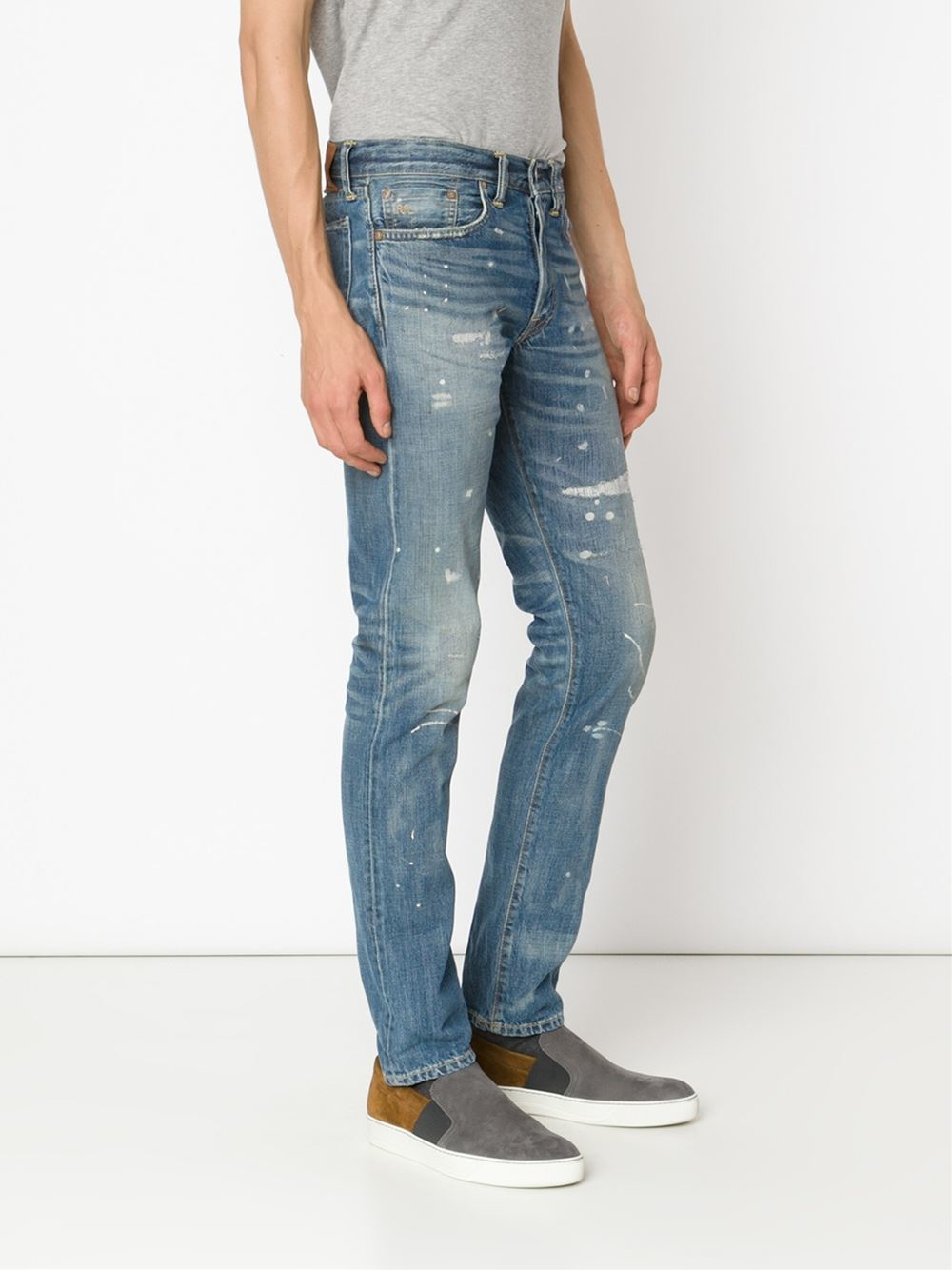 Rrl Distressed Slim Fit Jeans in Blue for Men | Lyst