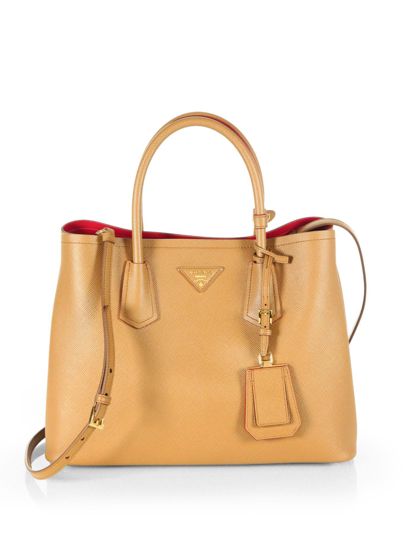 prada red leather handbag - Prada Saffiano Cuir Small Double Bag in Brown (CARAMELLO-CARAMEL ...