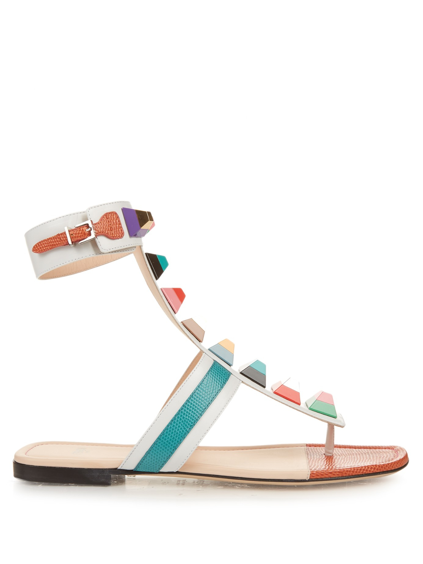 Lyst Fendi Rainbow  Stud embellished Leather Sandals  in White