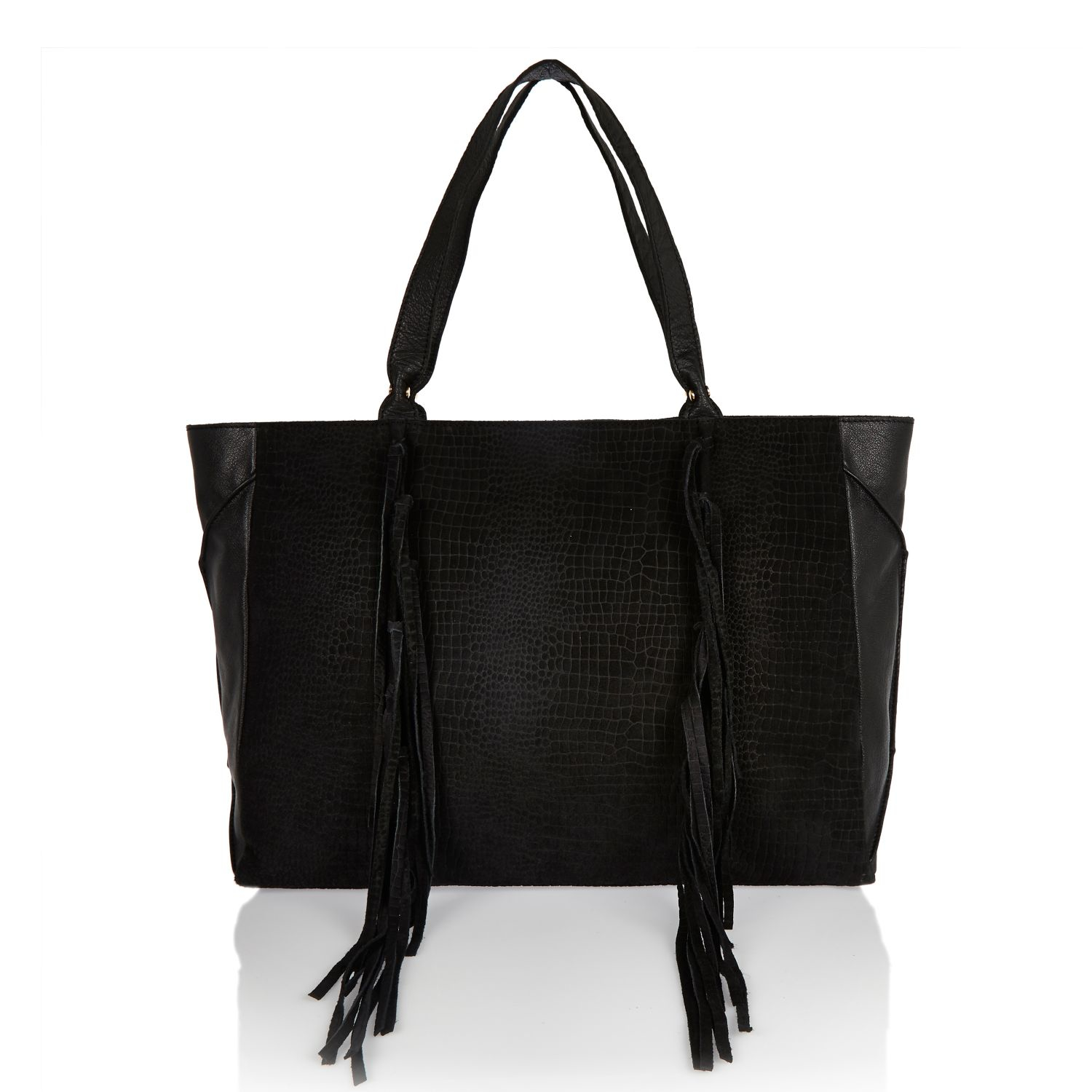 River Island Black Suede Tassel Side Tote Handbag in Black - Lyst