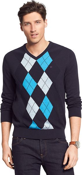 Tommy Hilfiger Argyle V Neck Sweater in Blue for Men (NAVY BLAZER) | Lyst