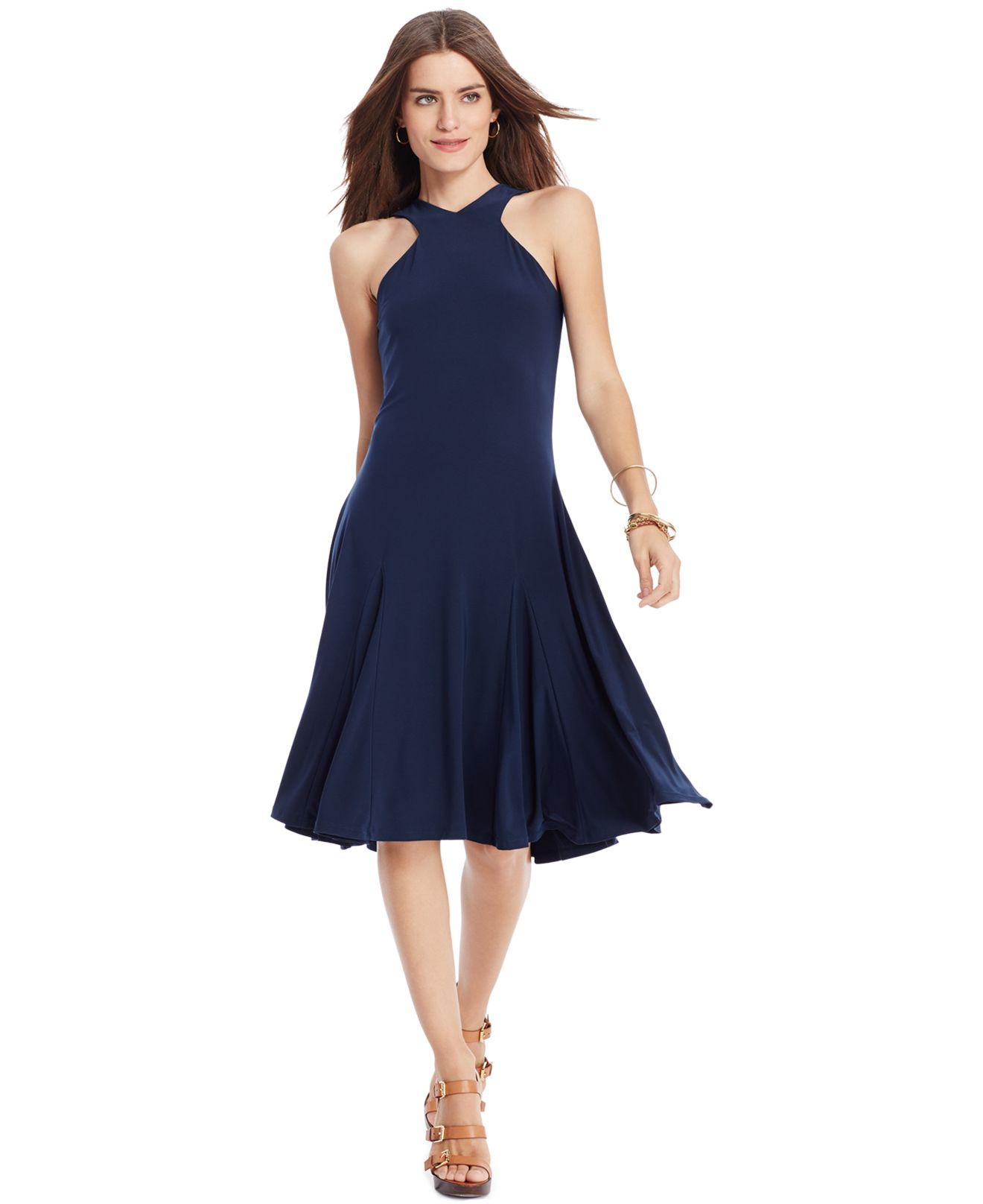 Lyst Lauren By Ralph Sleeveless Halter Neck Dress In Blue Gallery