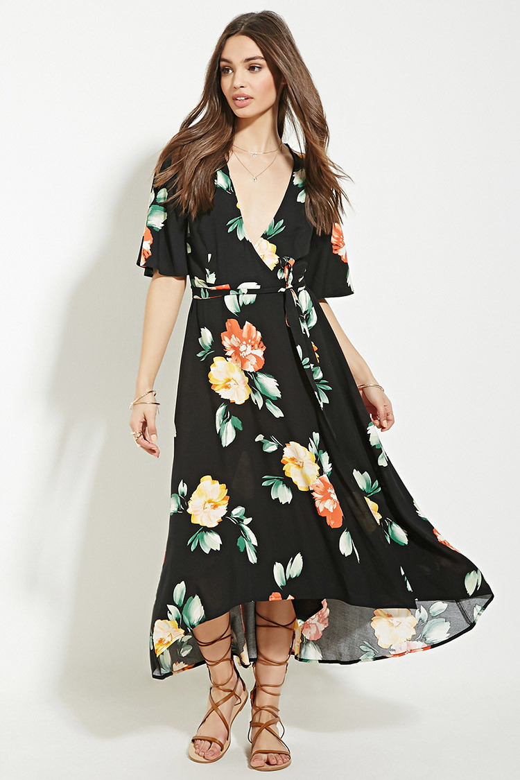 Forever 21 Floral Print Wrap Midi Dress in Black Lyst