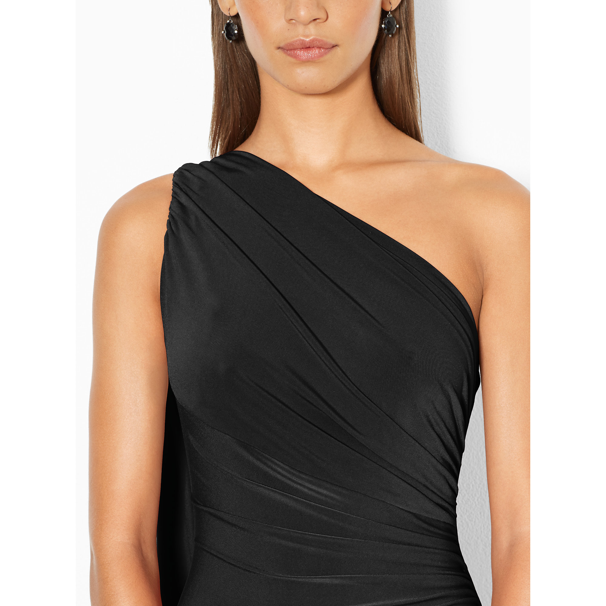 one shoulder gown with cape