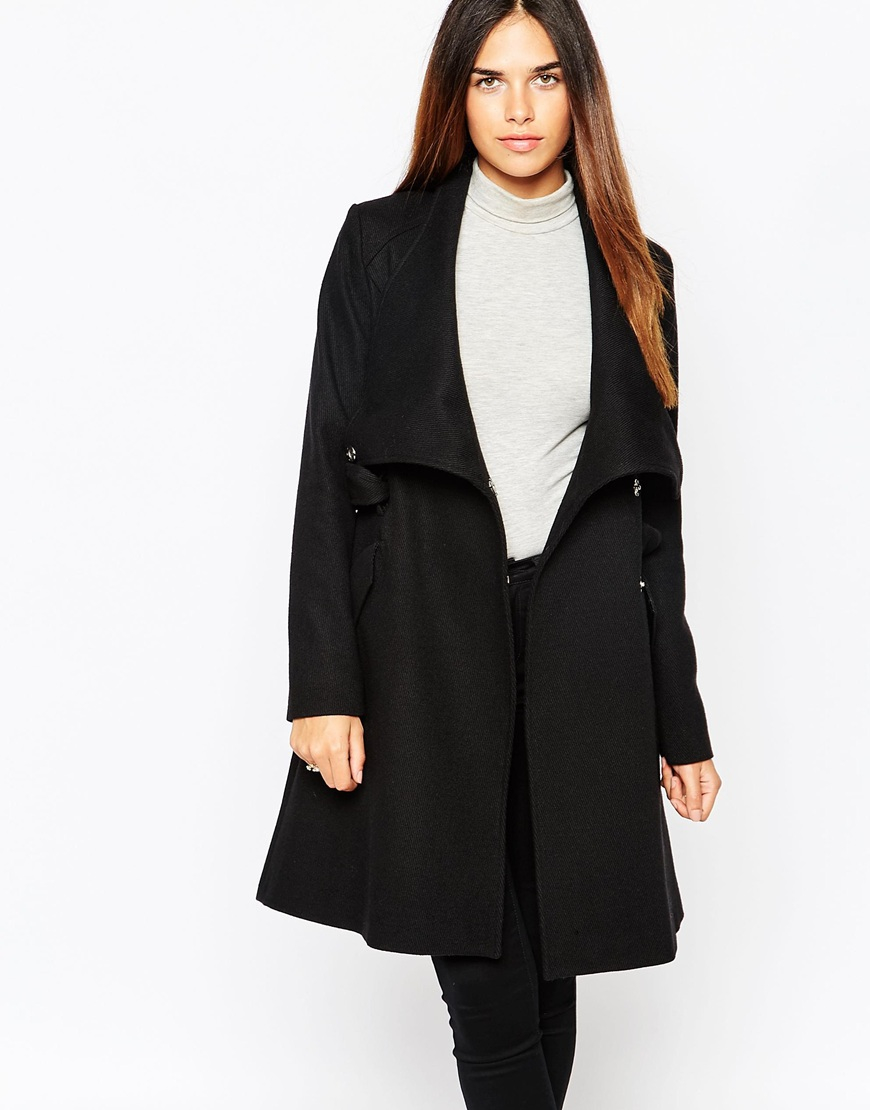 Warehouse Belted Coat in Black | Lyst