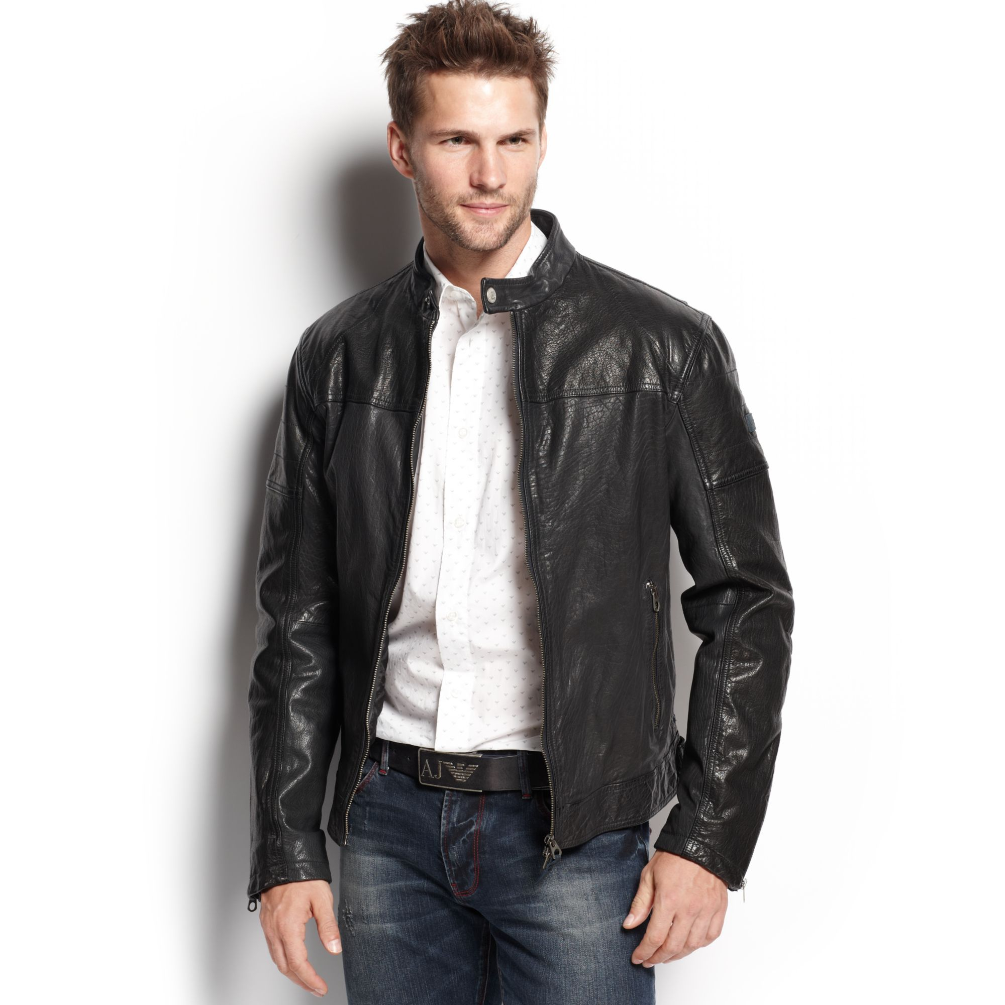 armani jeans leather jacket mens
