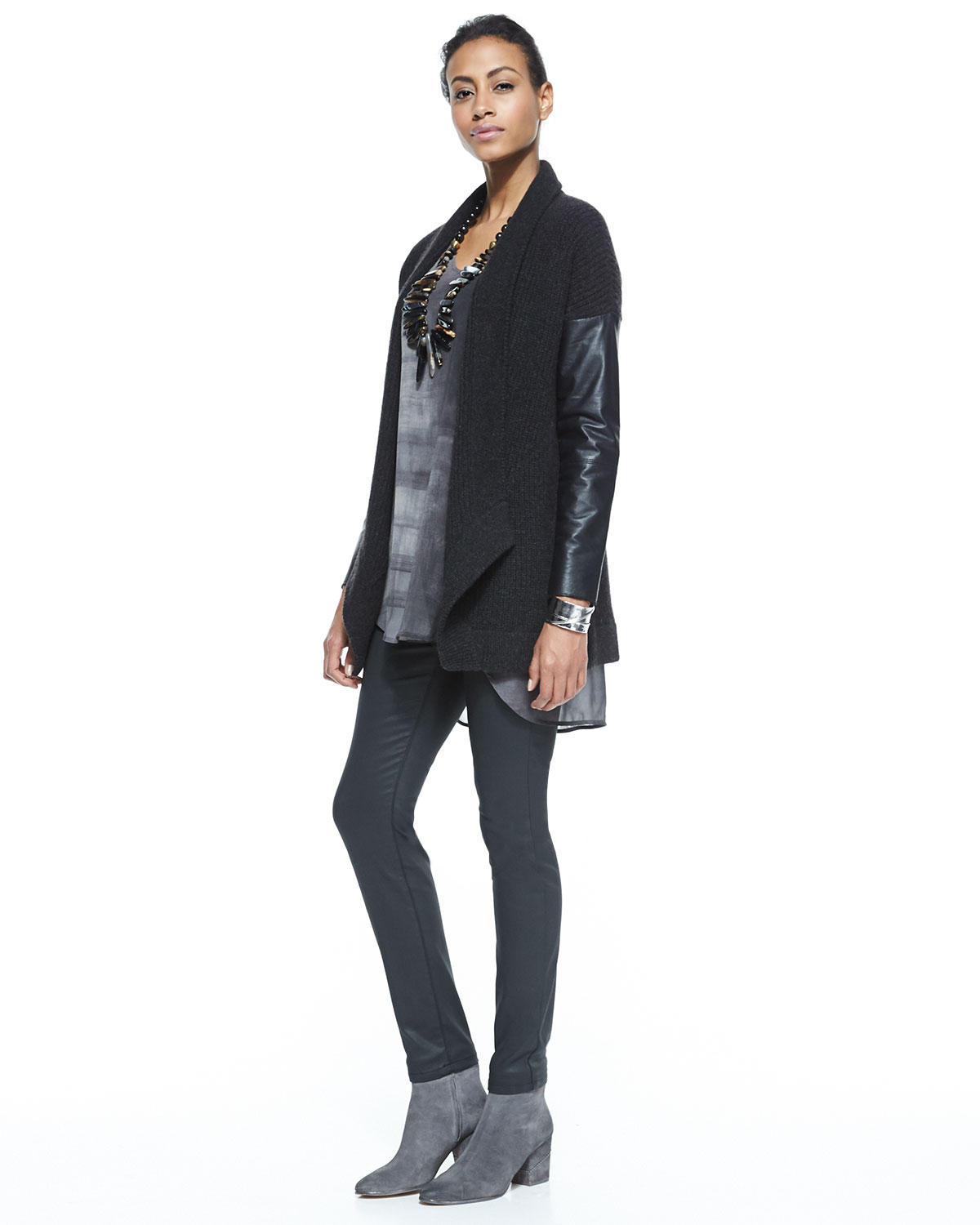 Lyst Eileen Fisher Ribbed Cardigan with Leather Sleeves in Black