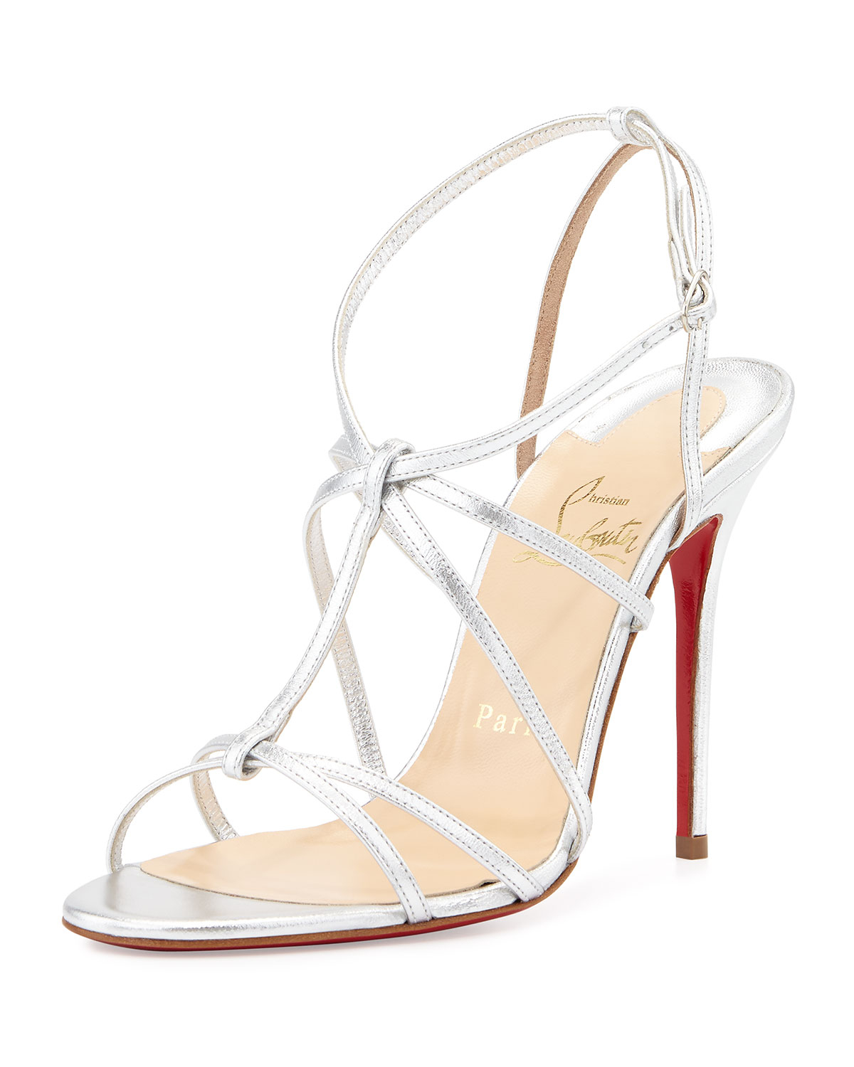 Christian louboutin Metallic Crisscross Red Sole Sandal in Silver ...