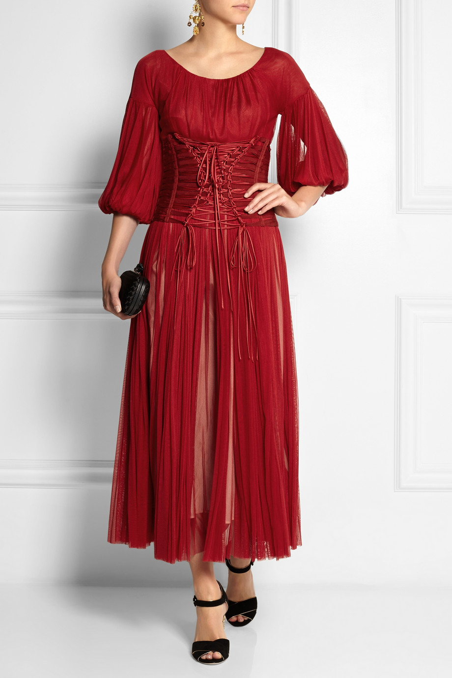 Lyst - Dolce & Gabbana Corseted Silk-Tulle Midi Dress in Red