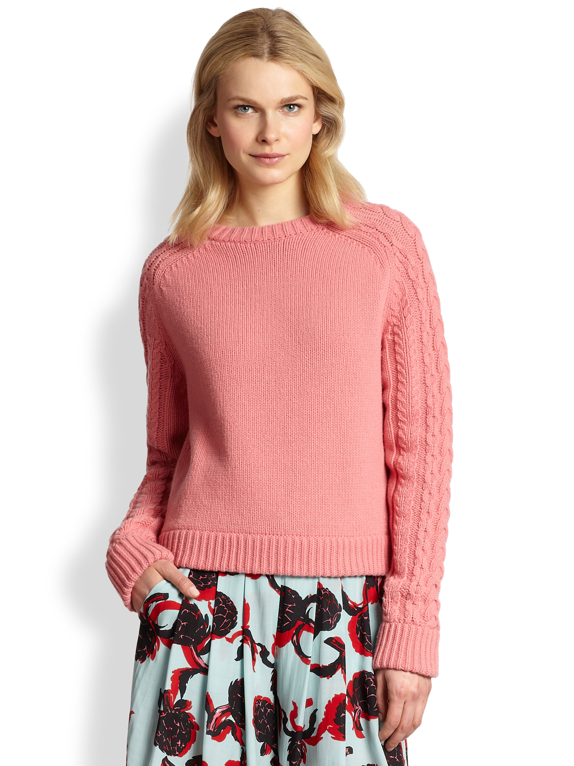 See by chloé Woolblend Cablesleeved Sweater in Pink | Lyst