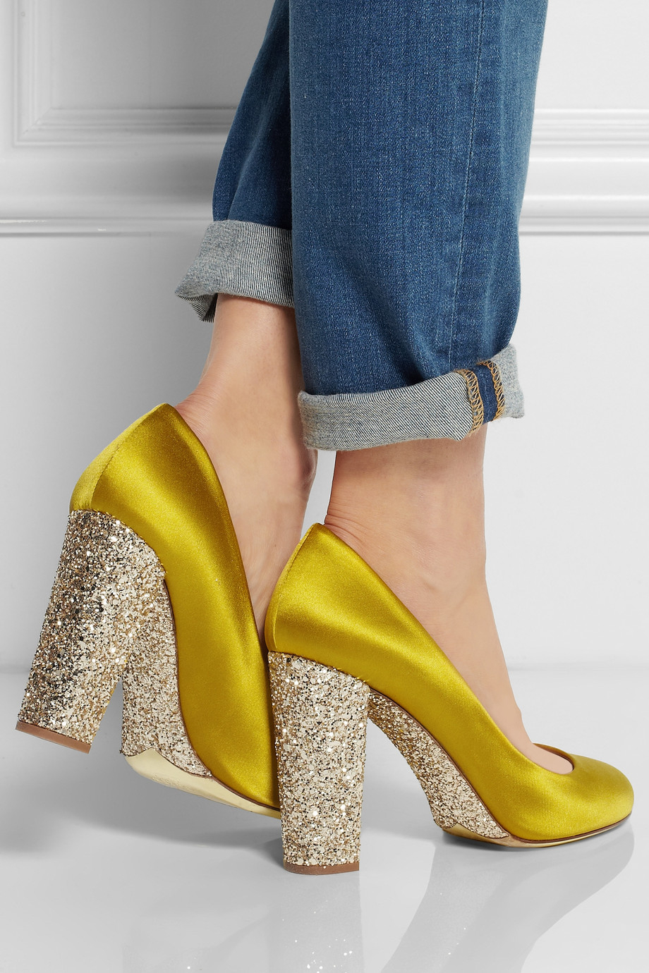 J.Crew Collection Etta Glitterembellished Satin Pumps in Yellow Lyst