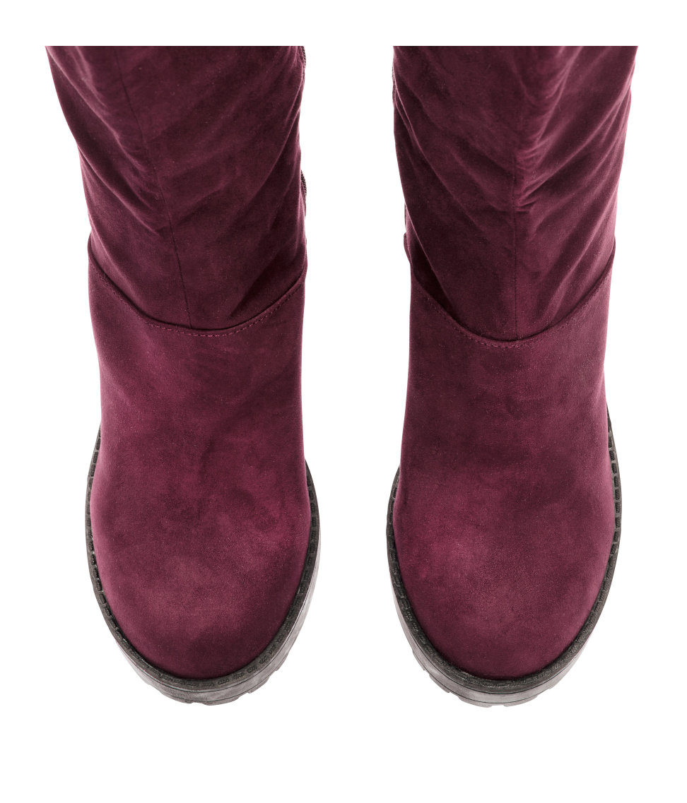 purple metallic knee high boots