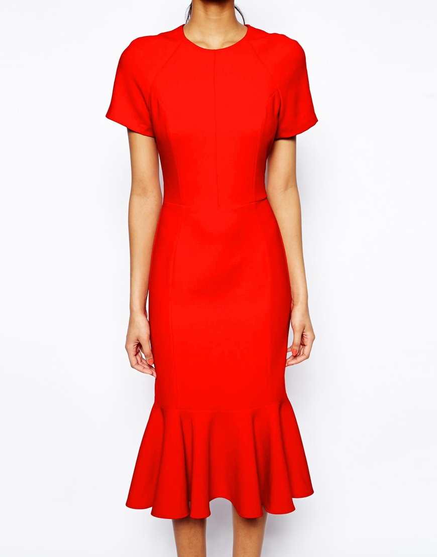 Lyst Asos Midi Dress With Peplum Hem In Red 