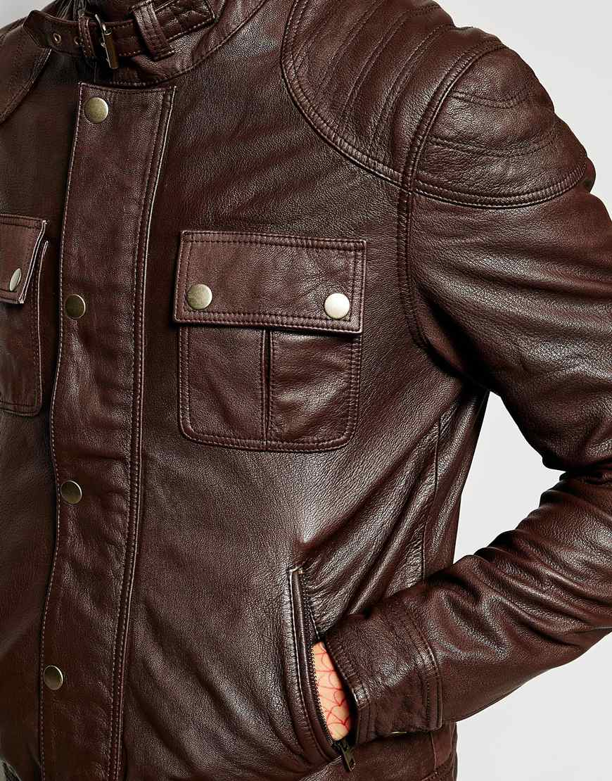 Lyst Asos Leather Jacket With Chest Pocket In Brown For Men Gallery