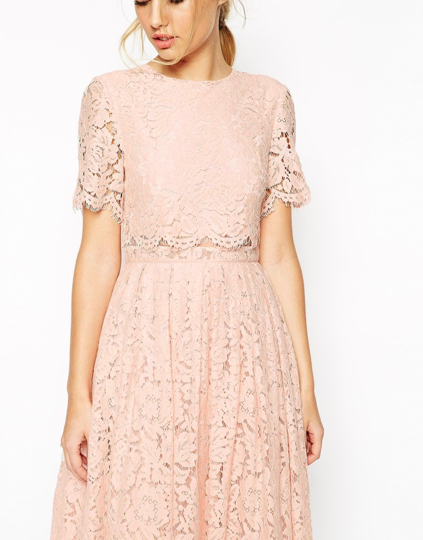  Asos  Salon Lace Crop Top Midi Prom  Dress  Nude in Pink  Lyst