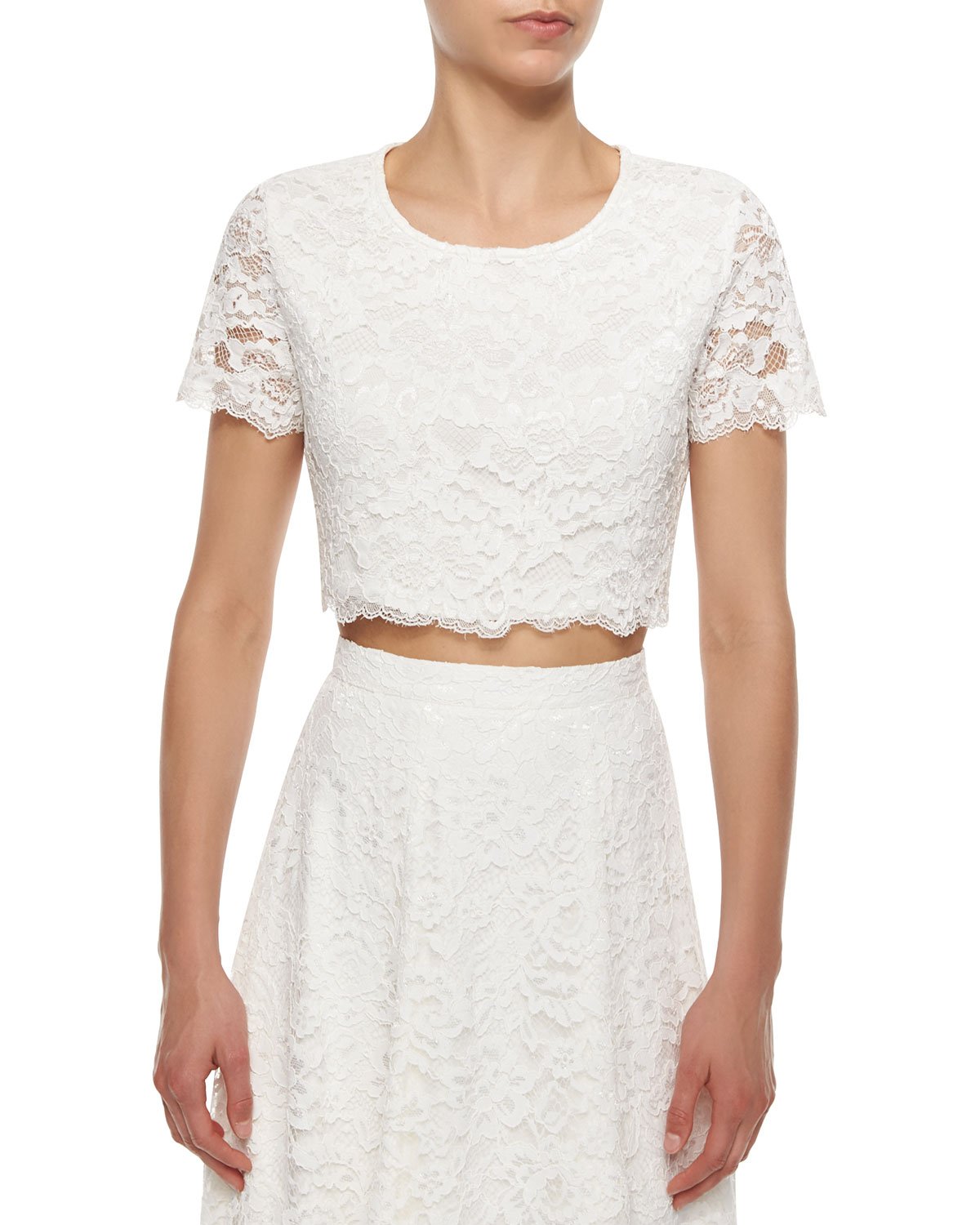 Haute hippie Short-sleeve Lace Crop Top & High-waist Rosette Lace Maxi ...