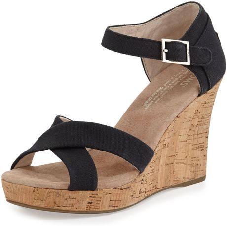Toms Strappy Canvas Wedge Sandal in Black | Lyst
