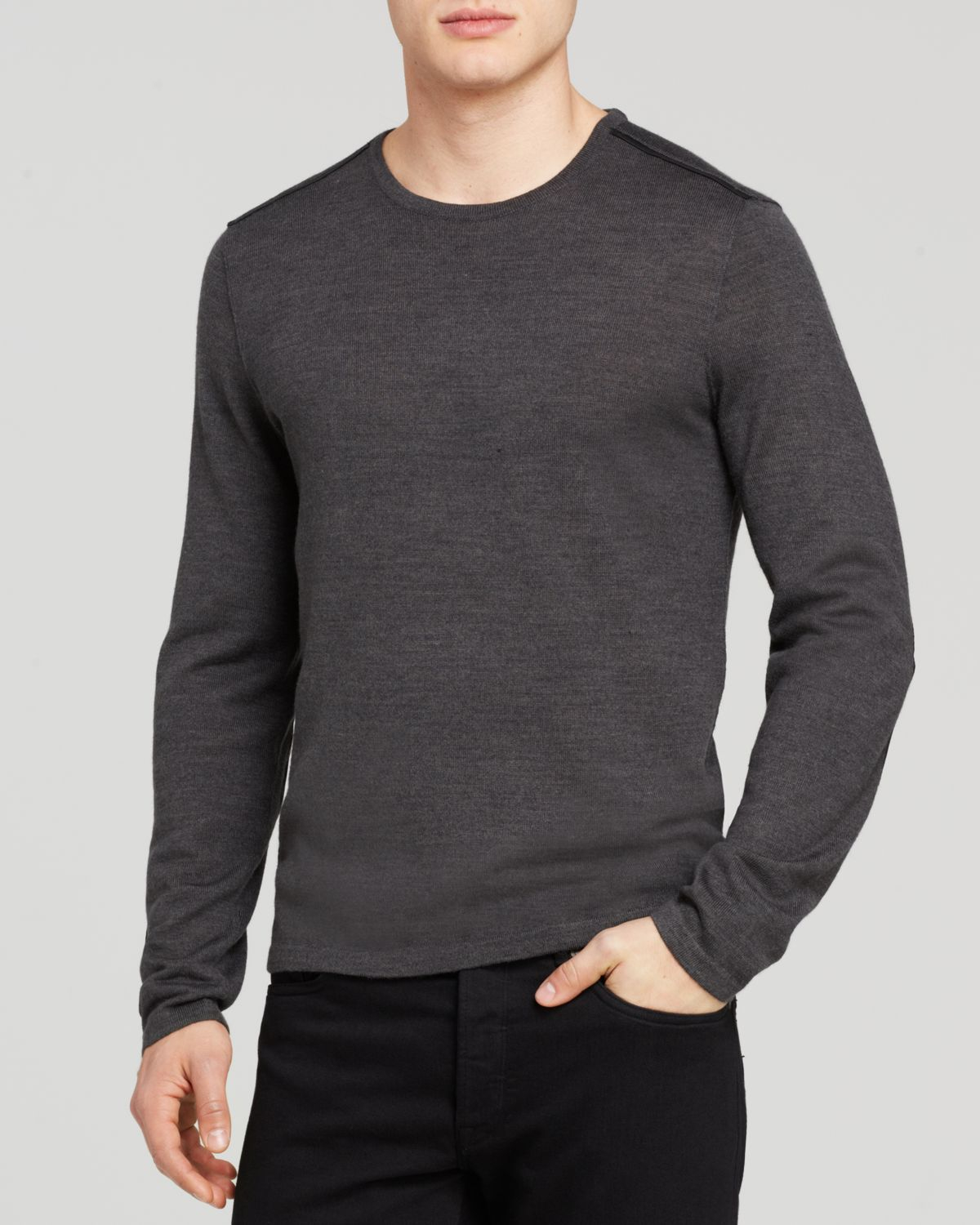 John Varvatos Usa Crewneck Sweater With Leather Elbow Patches in Gray