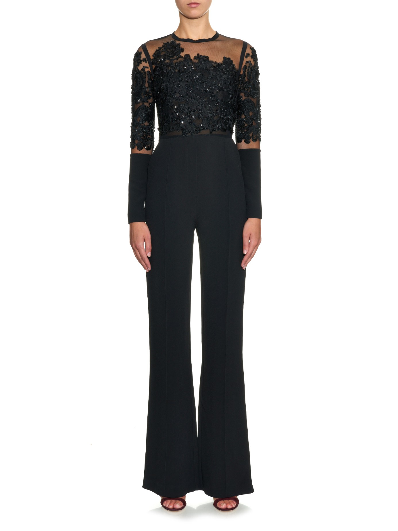 Elie Saab Embellished Mesh And Cady Jumpsuit in Black - Lyst