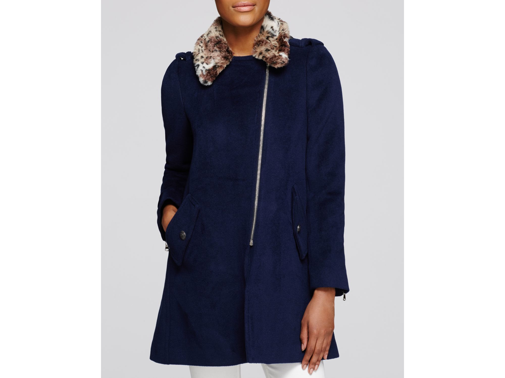 Rebecca Taylor Wool Coat With Faux Fur Leo Collar In Blue Lyst Gallery