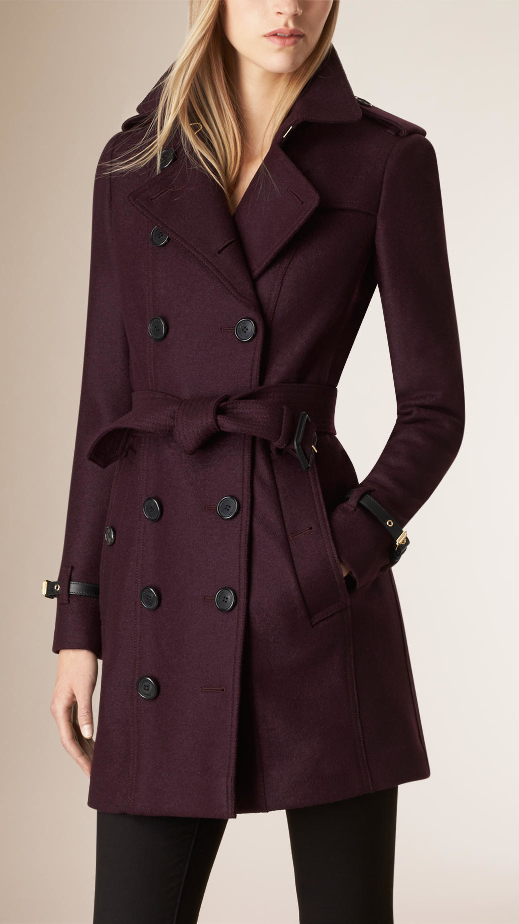 Lyst - Burberry Leather Trim Virgin Wool Trench Coat in Purple