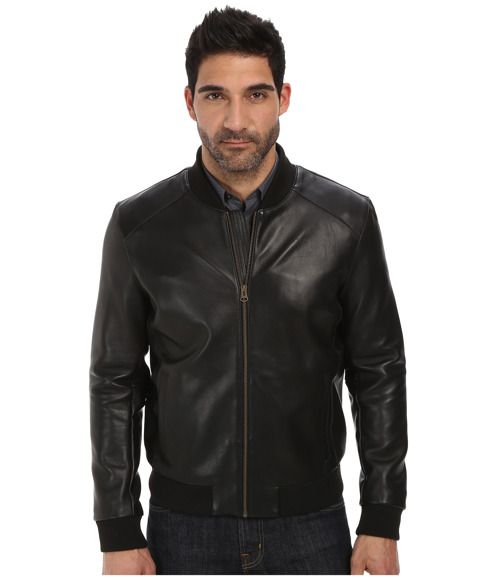 Cole haan Bonded Leather Varsity Jacket With Raw Edges in Black | Lyst