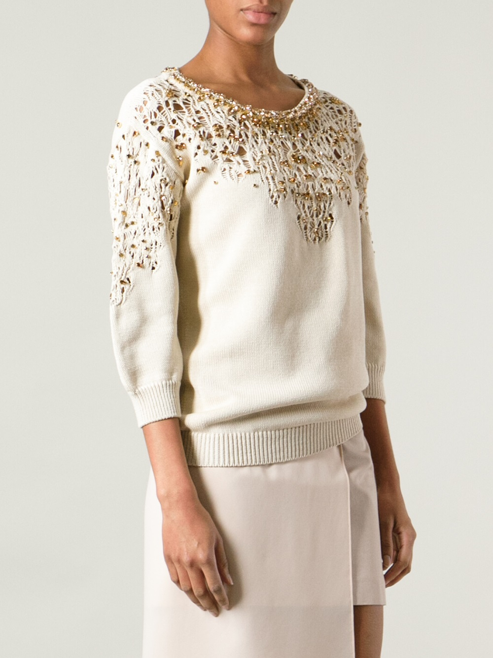Lyst - Ermanno Scervino Jewel Embellished Knit Sweater in Natural