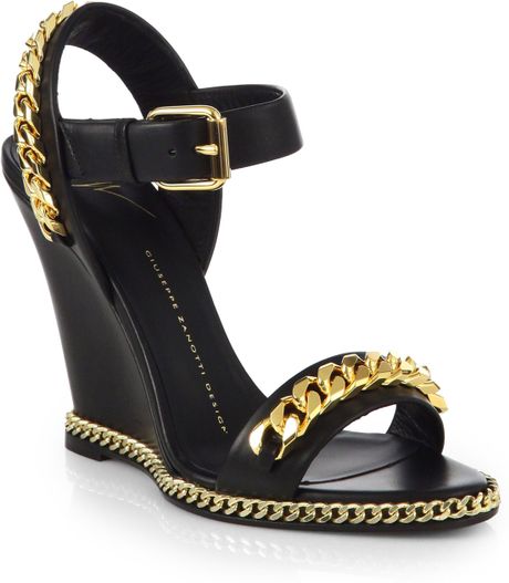 Giuseppe Zanotti Leather Chain-Trimmed Wedge Sandals in Gold (BLACK) | Lyst