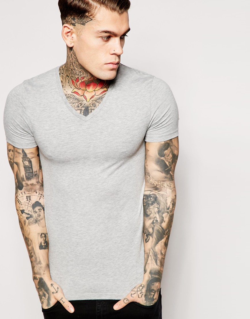 Lyst - Asos Extreme Muscle Fit T-shirt With V Neck And Stretch in Gray ...
