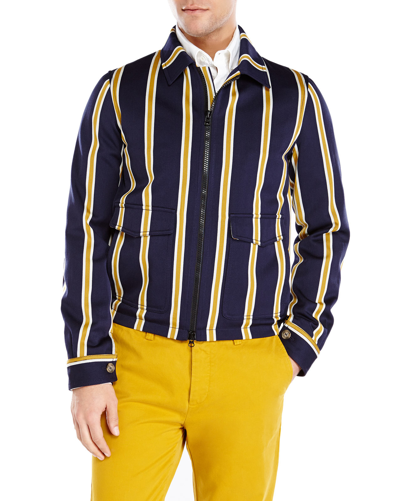 ami navy yellow stripe zip front jacket in blue for lyst ami navy yellow stripe zip front jacket in blue for lyst