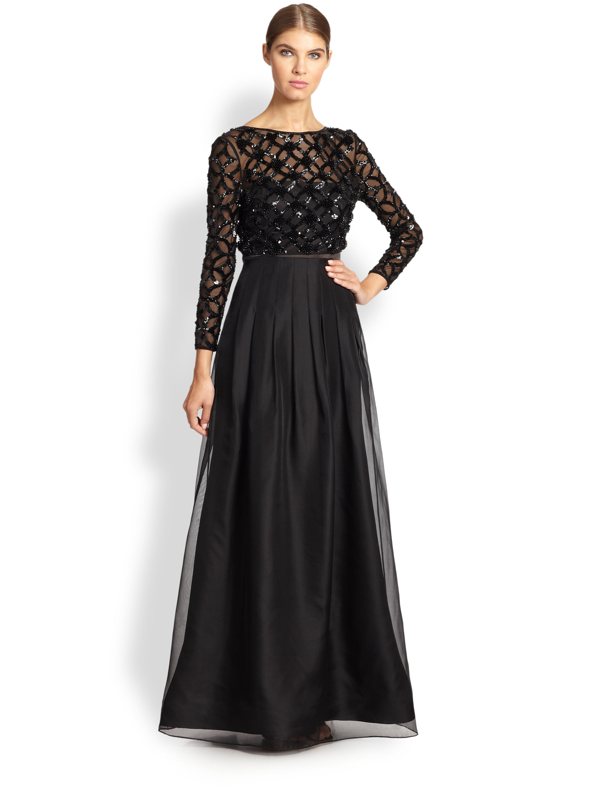 Lyst - Kay Unger Pleated Sequined-detail Gown in Black