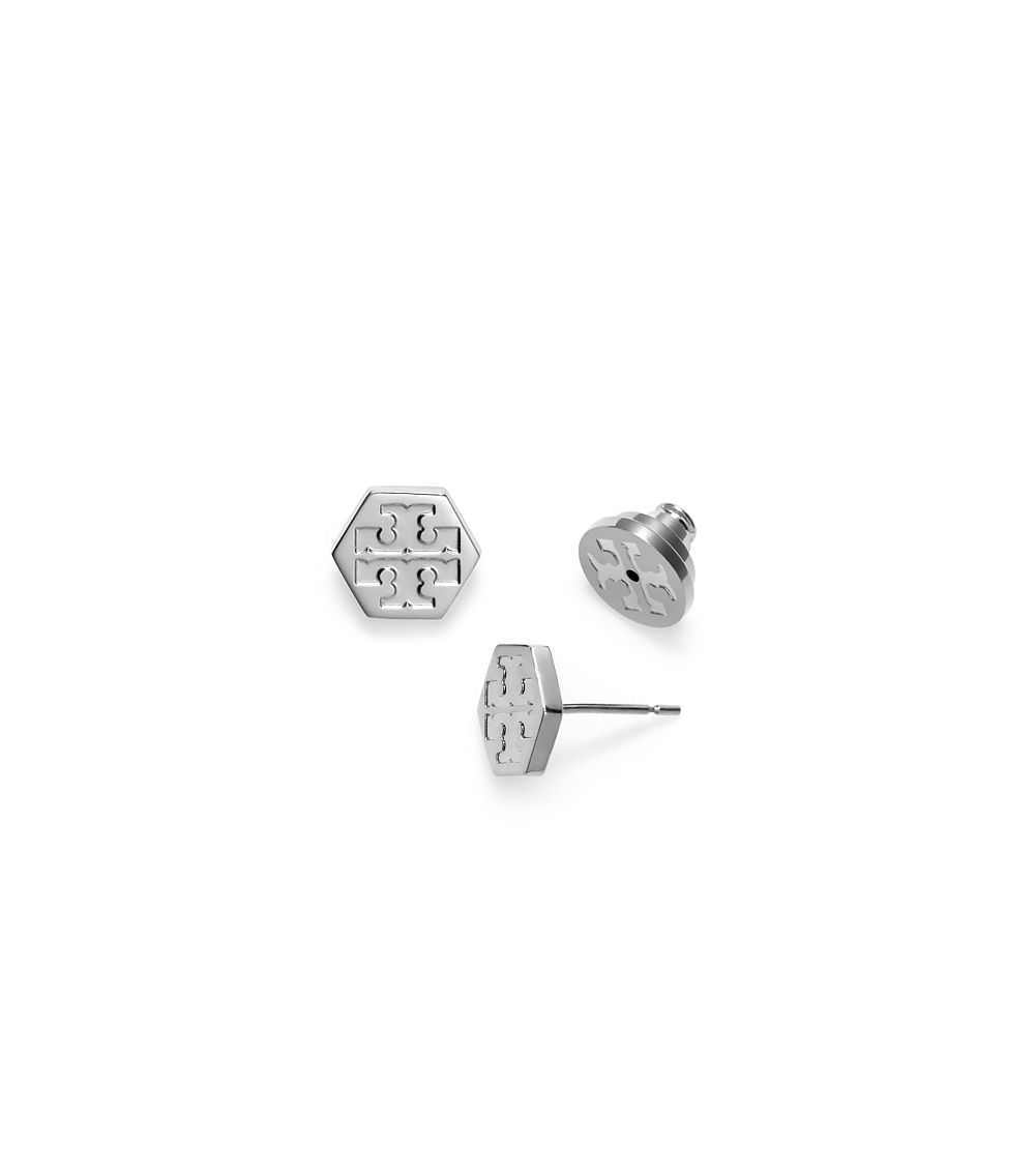 Lyst Tory Burch Hexagon Logo Stud Earring In Metallic Gallery Women S Logo Earrings