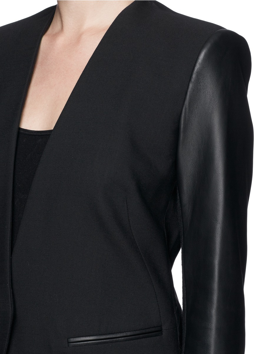 Lyst - Helmut Lang Leather Sleeve Cropped Back Tuxedo Jacket in Black