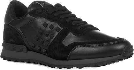 Valentino Leather and Suede Studded Trainers in Black for Men | Lyst