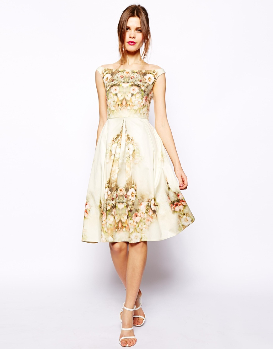 Lyst - Asos Vintage Floral Midi Bardot Dress in White