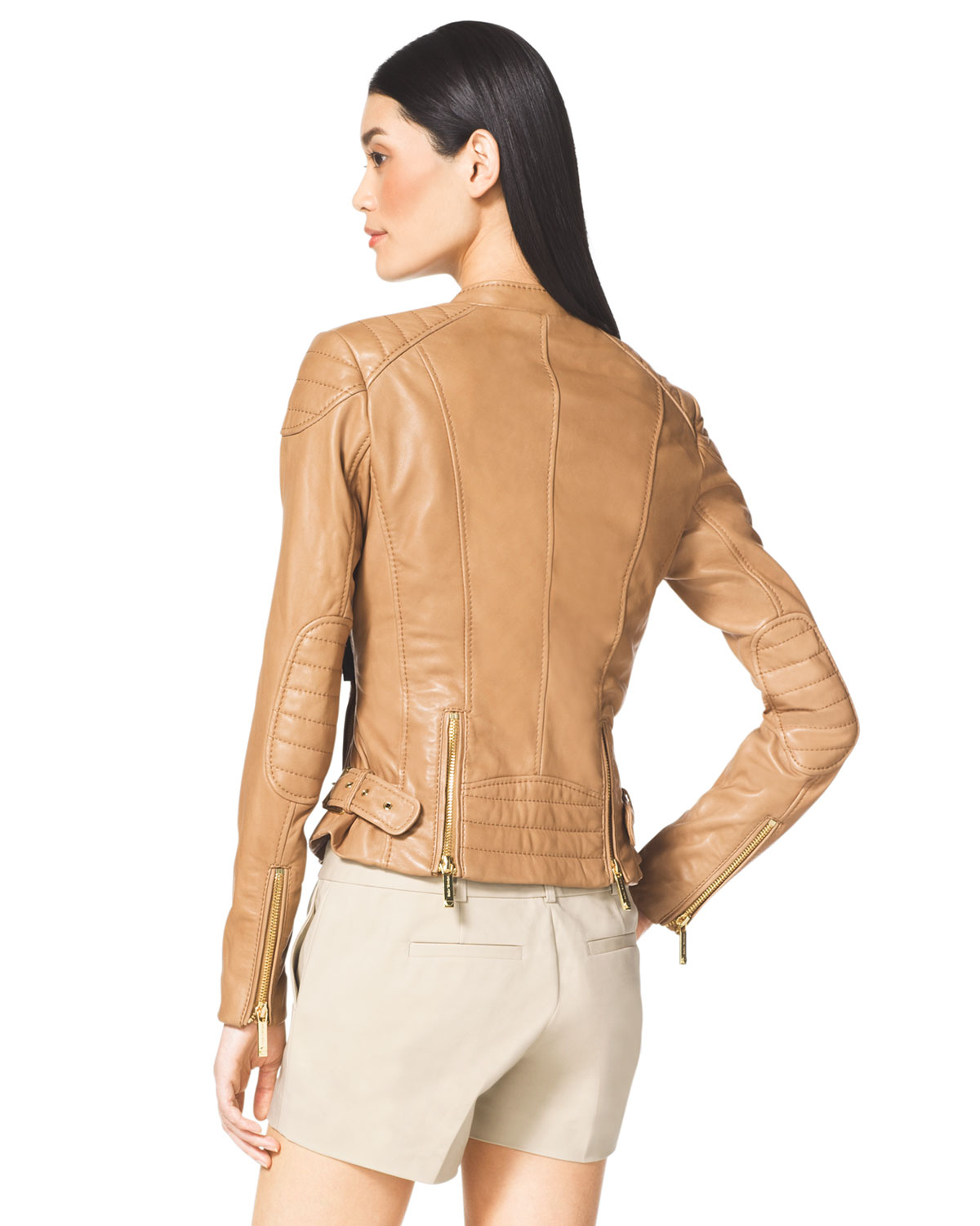 Lyst - Michael Kors Michael Leather Moto Jacket in Brown
