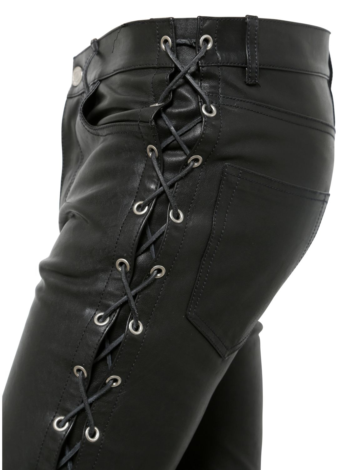 Saint laurent 15Cm Skinny Lace-Up Leather Jeans in Black for Men | Lyst