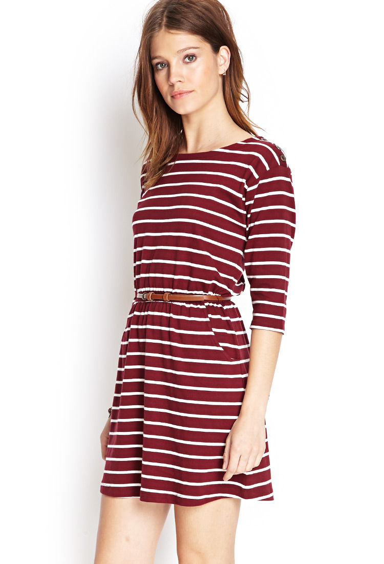 Lyst - Forever 21 Stripe Print Belted Dress in Red