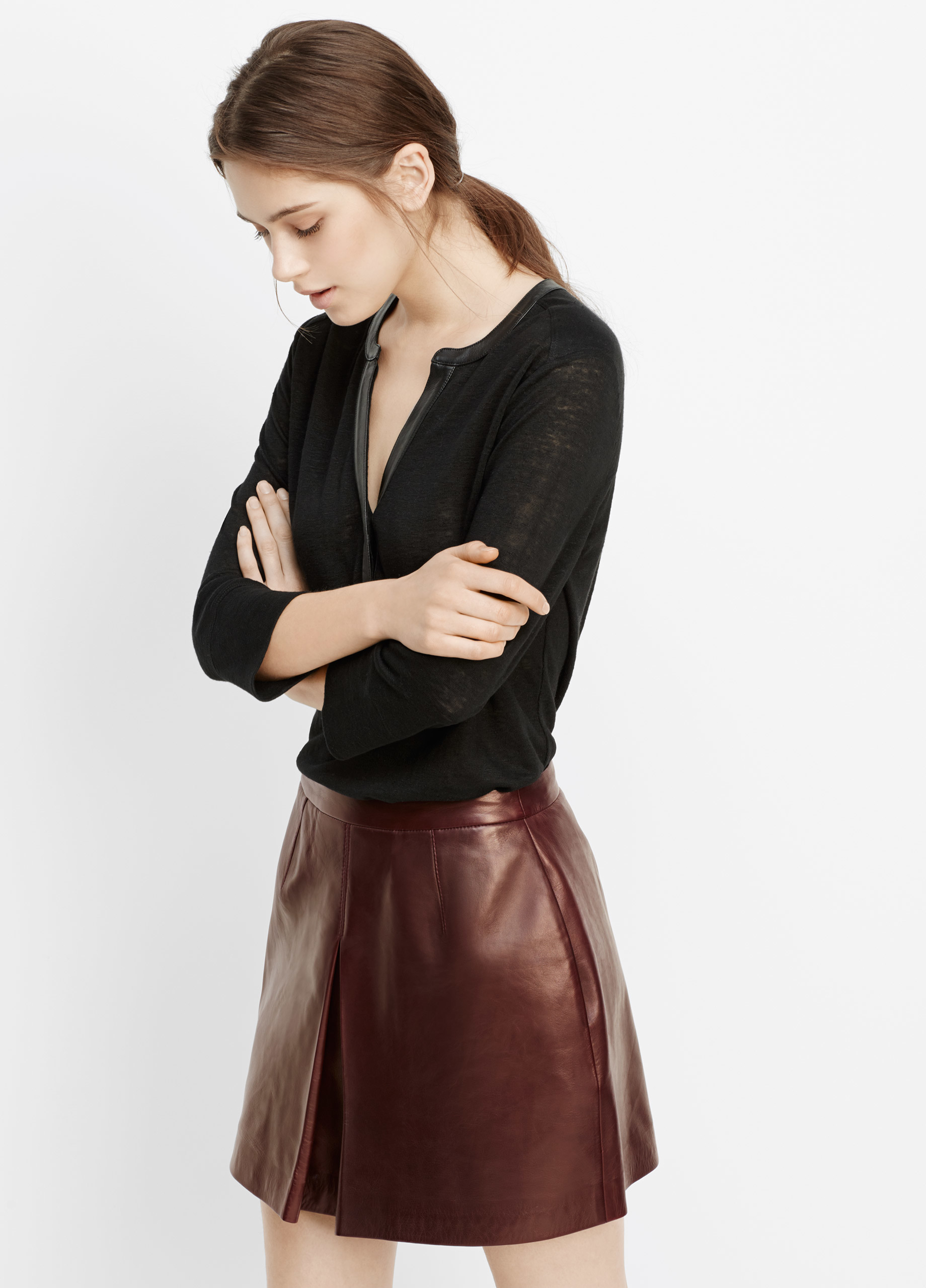 Lyst - Vince Inverted Front Pleat Leather Skirt in Brown