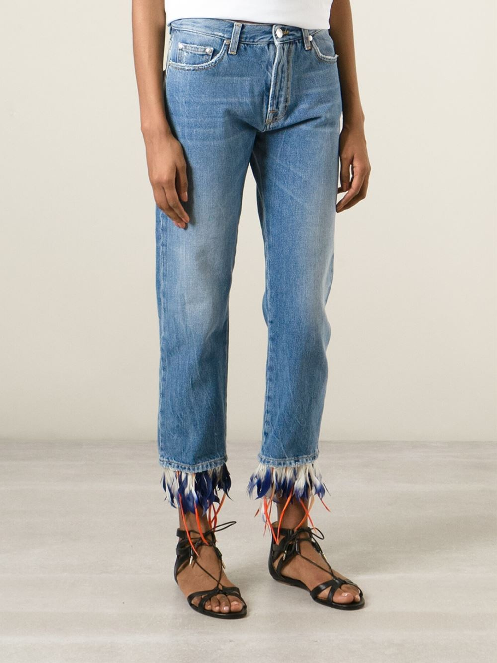 Lyst MSGM Feather Trim Cropped Jeans in Blue