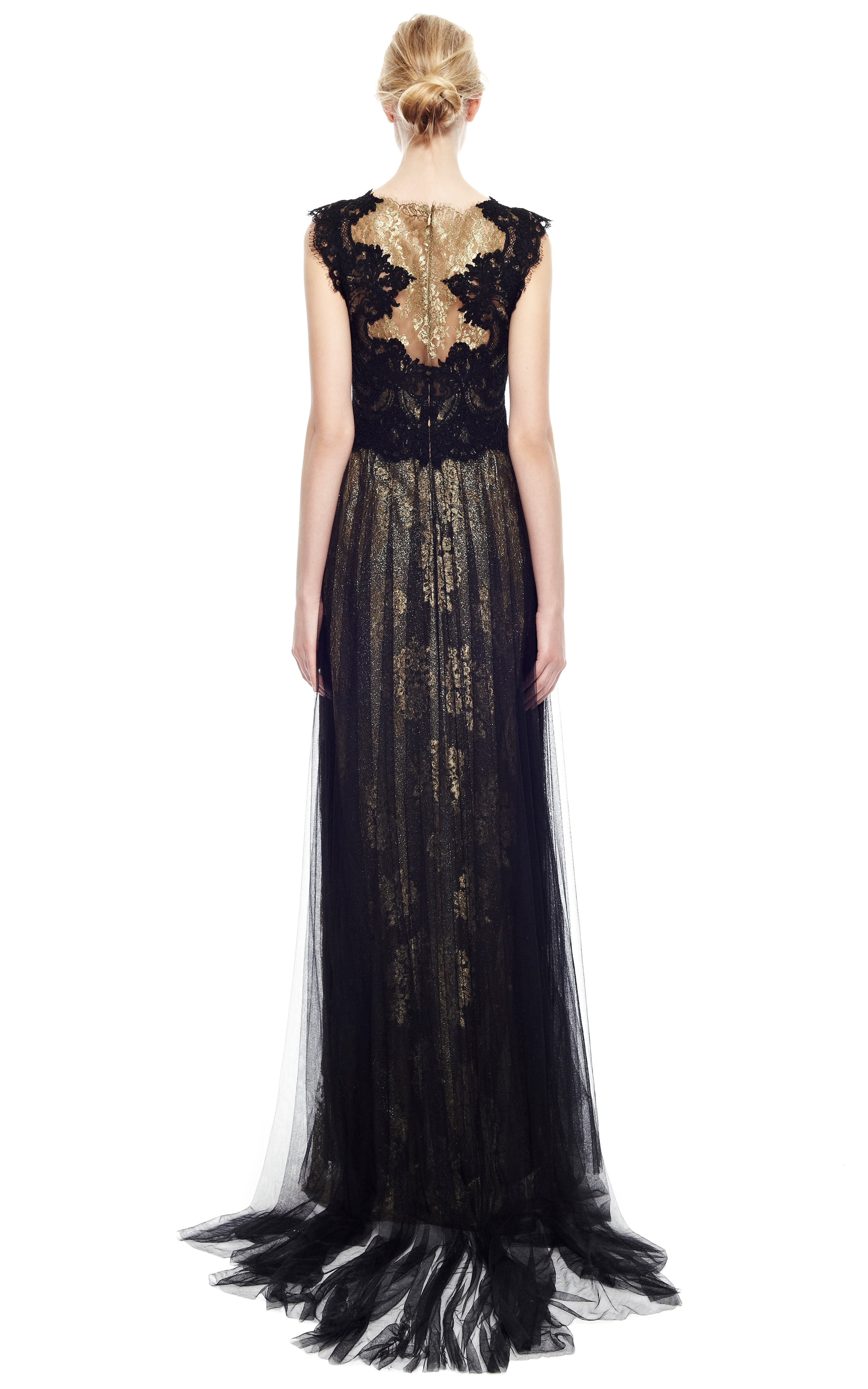 Marchesa Engineered Metallic Lace Column Gown with Tulle Overlay in ...
