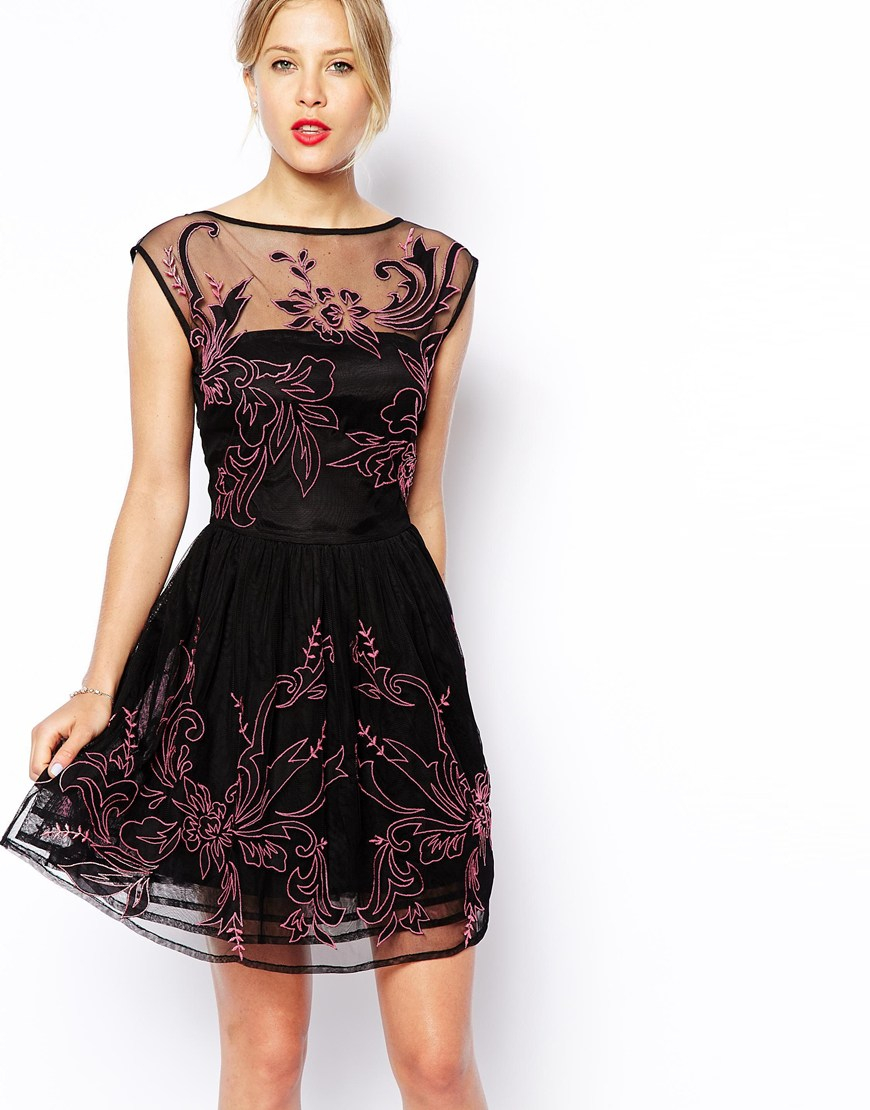 Lyst - Asos Skater Dress With Floral Embroidery in Black